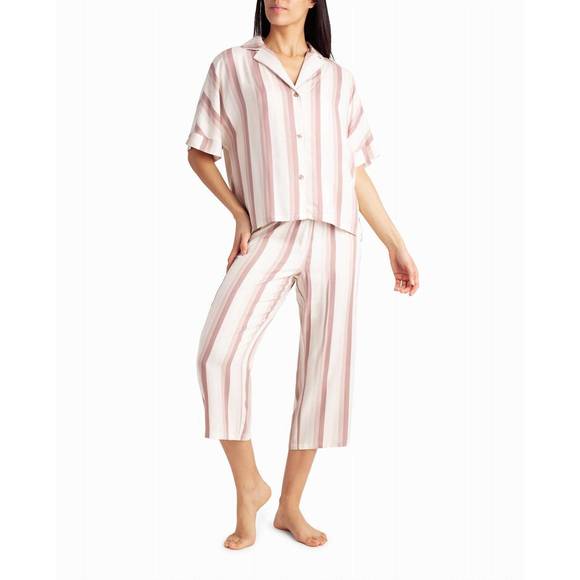 NEW NICOLE MILLER woven shirt and capri two-piece sleepwear set in dune textured - Picture 4 of 4